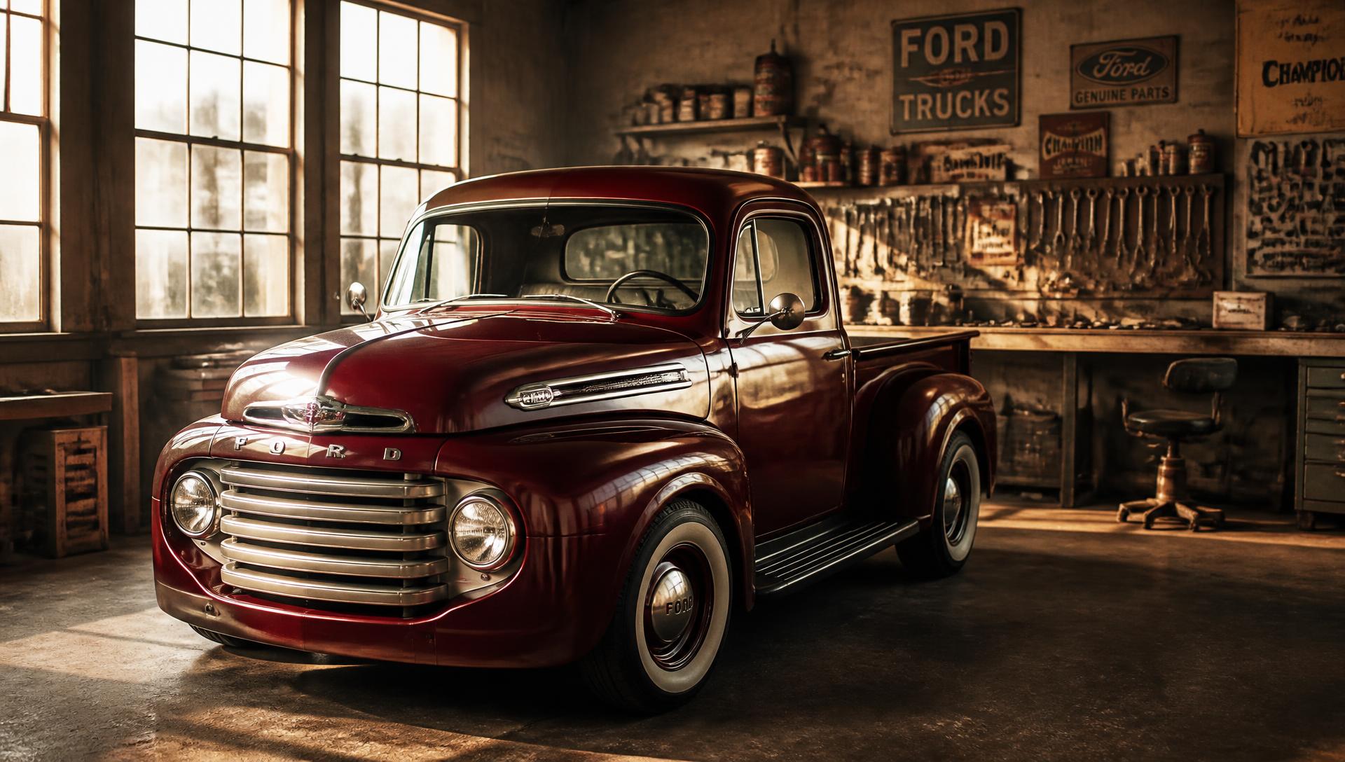 Restored Ford pickup in the Gelsi Garage workshop